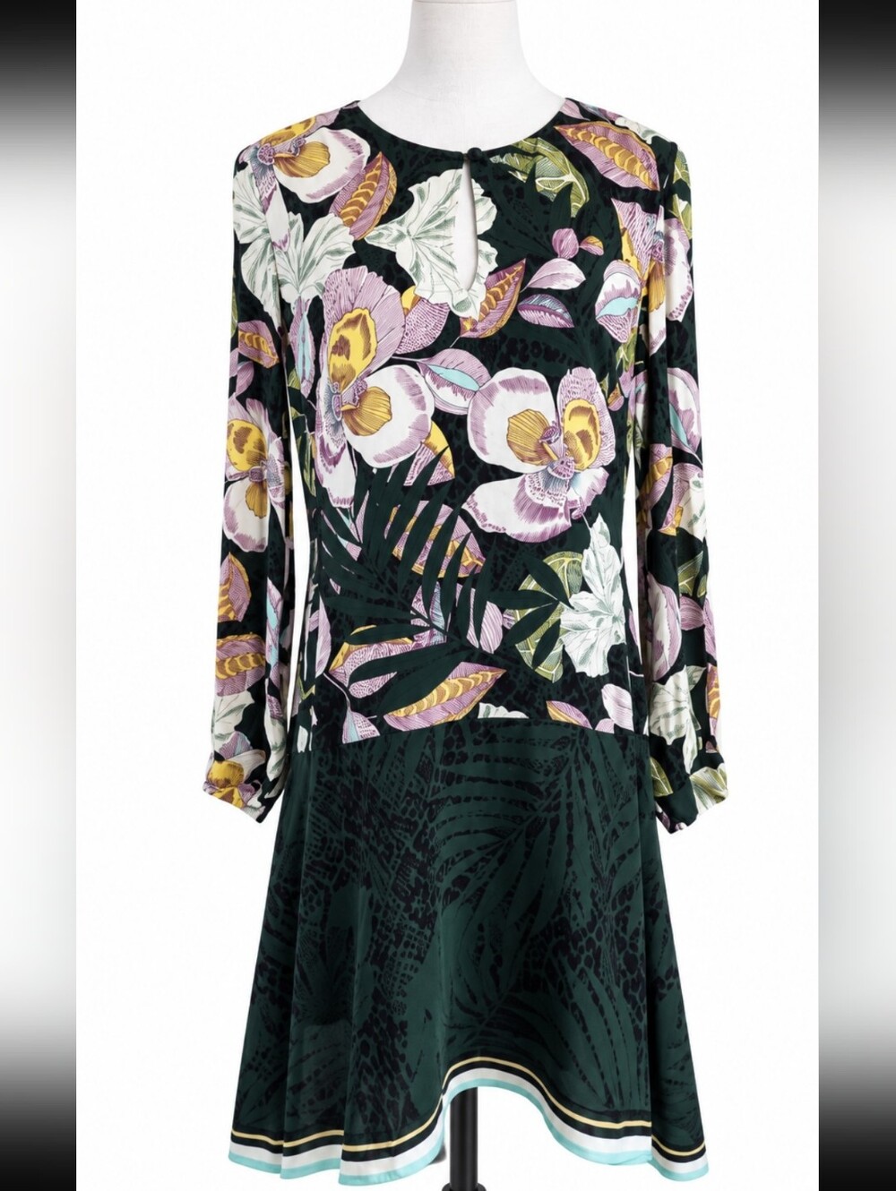REISS Floral Midi Dress Green Orchid Print Keyhole Long Sleeve US 12